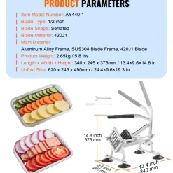 VEVOR Commercial Vegetable Slicer, 1/2 inch Fruit Slicer, Stainless Steel and Aluminum Alloy Vegetable Cutter Slicer Machine, Manual Slicer with Non-slip Feet, for Radishes, Onions, Potatoes, Lemons