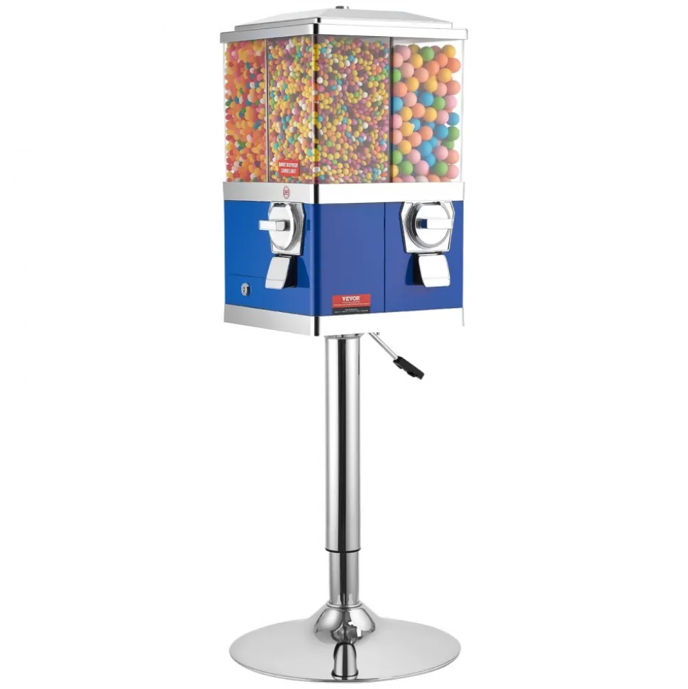 VEVOR Commercial Vending Machine, Four Compartment Rotatable Gumball and Candy Dispenser, Adjustable Height Coin Operated Candy Bank with Iron Stand, for Business Toy Capsules Bouncy Balls Nut, Blue