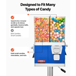VEVOR Commercial Vending Machine, Four Compartment Rotatable Gumball and Candy Dispenser, Adjustable Height Coin Operated Candy Bank with Iron Stand, for Business Toy Capsules Bouncy Balls Nut, Blue