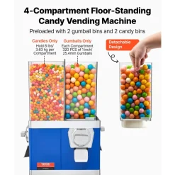 VEVOR Commercial Vending Machine, Four Compartment Rotatable Gumball and Candy Dispenser, Adjustable Height Coin Operated Candy Bank with Iron Stand, for Business Toy Capsules Bouncy Balls Nut, Blue