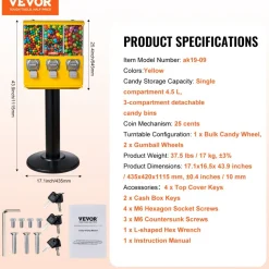 VEVOR Commercial Vending Machine, Triple Compartment Candy Dispenser with Iron Stand, Gumball and Candy Machine for Business, Coin Operated Gumball Bank for Toy Capsules Bouncy Balls Candy Nut, Yellow