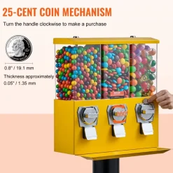 VEVOR Commercial Vending Machine, Triple Compartment Candy Dispenser with Iron Stand, Gumball and Candy Machine for Business, Coin Operated Gumball Bank for Toy Capsules Bouncy Balls Candy Nut, Yellow