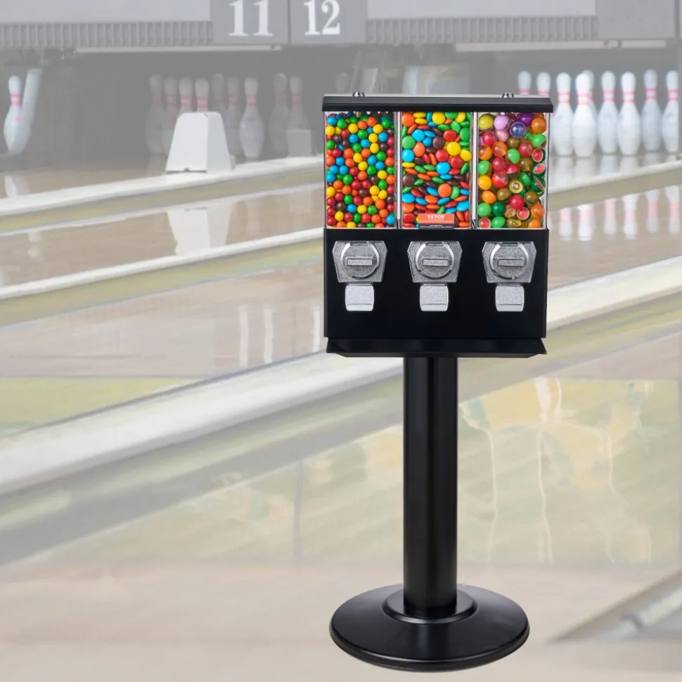 VEVOR Commercial Vending Machine, Triple Compartment Candy Dispenser with Iron Stand, Gumball and Candy Machine for Business, Coin Operated Gumball Bank for Toy Capsules Bouncy Balls Candy Nut, Black