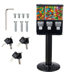 VEVOR Commercial Vending Machine, Triple Compartment Candy Dispenser with Iron Stand, Gumball and Candy Machine for Business, Coin Operated Gumball Bank for Toy Capsules Bouncy Balls Candy Nut, Black