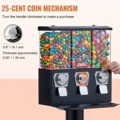 VEVOR Commercial Vending Machine, Triple Compartment Candy Dispenser with Iron Stand, Gumball and Candy Machine for Business, Coin Operated Gumball Bank for Toy Capsules Bouncy Balls Candy Nut, Black
