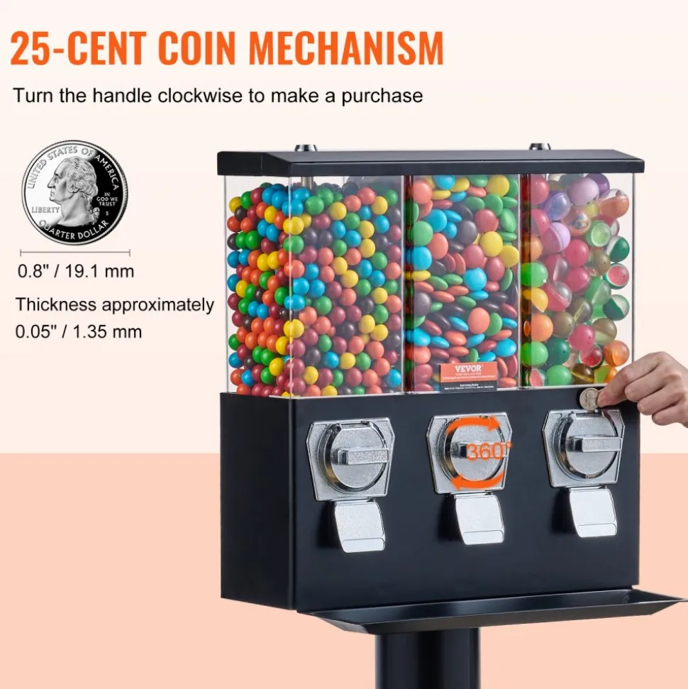 VEVOR Commercial Vending Machine, Triple Compartment Candy Dispenser with Iron Stand, Gumball and Candy Machine for Business, Coin Operated Gumball Bank for Toy Capsules Bouncy Balls Candy Nut, Black