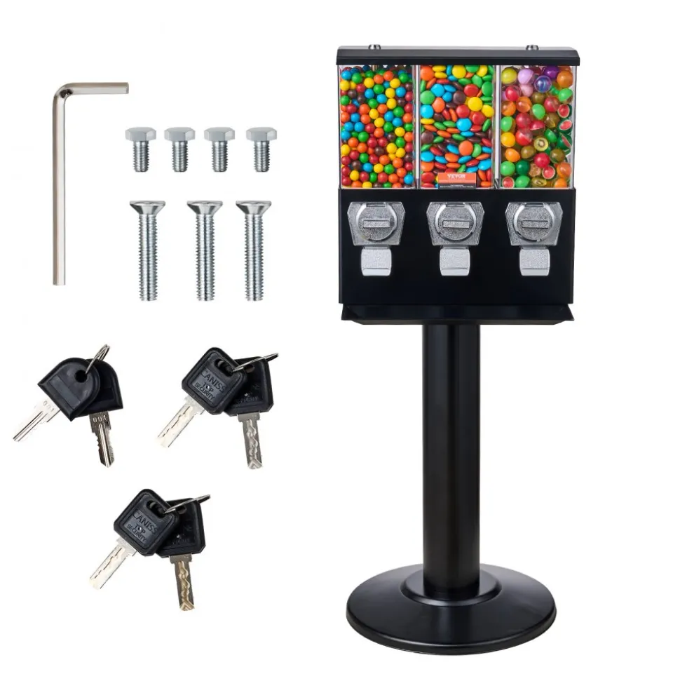 VEVOR Commercial Vending Machine, Triple Compartment Candy Dispenser with Iron Stand, Gumball and Candy Machine for Business, Coin Operated Gumball Bank for Toy Capsules Bouncy Balls Candy Nut, Black