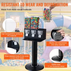 VEVOR Commercial Vending Machine, Triple Compartment Candy Dispenser with Iron Stand, Gumball and Candy Machine for Business, Coin Operated Gumball Bank for Toy Capsules Bouncy Balls Candy Nut, Black