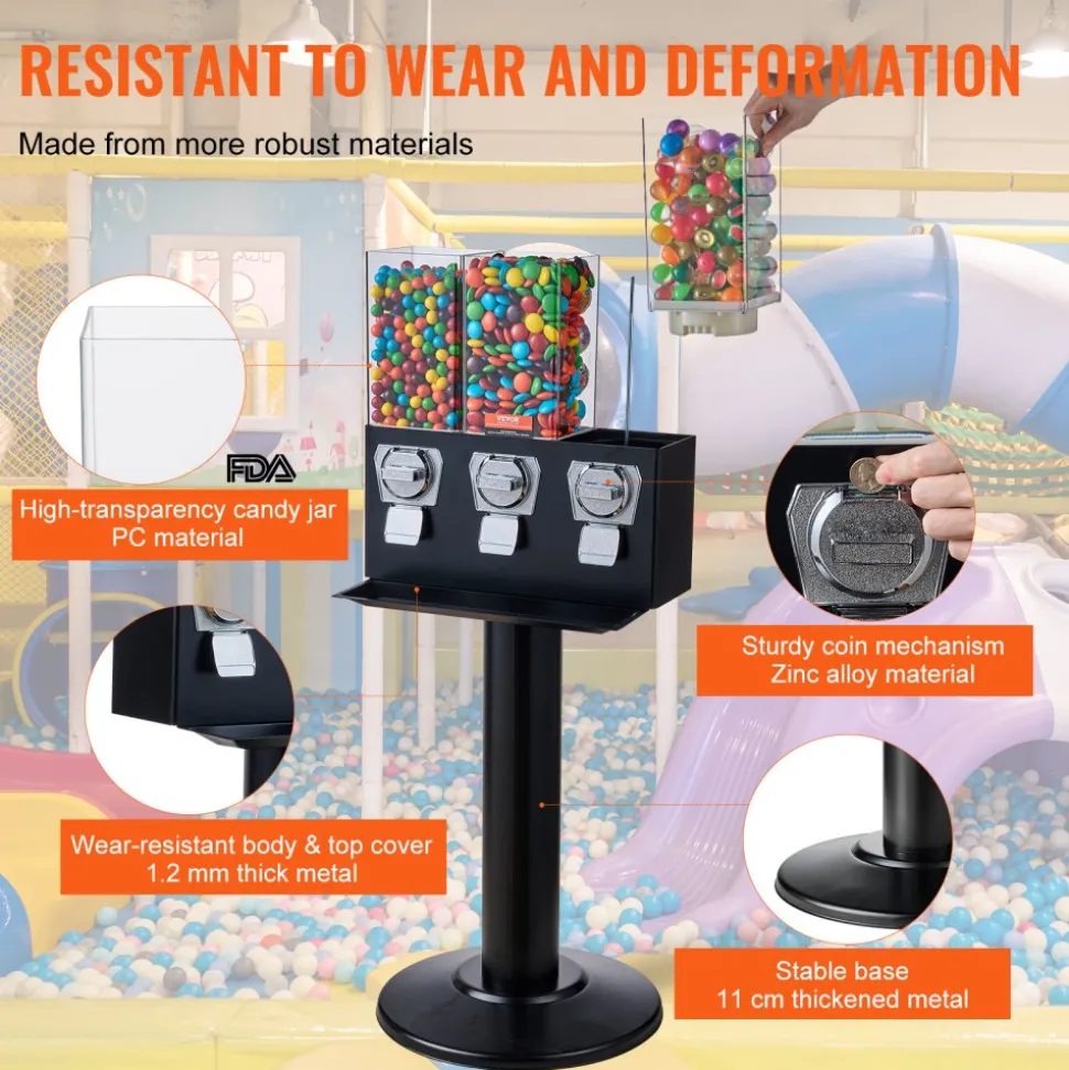 VEVOR Commercial Vending Machine, Triple Compartment Candy Dispenser with Iron Stand, Gumball and Candy Machine for Business, Coin Operated Gumball Bank for Toy Capsules Bouncy Balls Candy Nut, Black