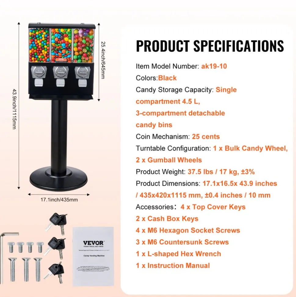 VEVOR Commercial Vending Machine, Triple Compartment Candy Dispenser with Iron Stand, Gumball and Candy Machine for Business, Coin Operated Gumball Bank for Toy Capsules Bouncy Balls Candy Nut, Black