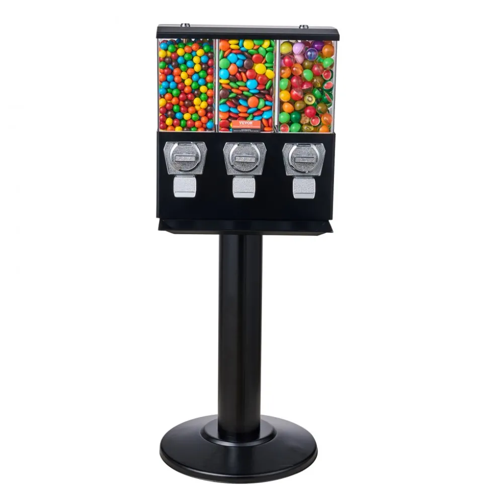 VEVOR Commercial Vending Machine, Triple Compartment Candy Dispenser with Iron Stand, Gumball and Candy Machine for Business, Coin Operated Gumball Bank for Toy Capsules Bouncy Balls Candy Nut, Black