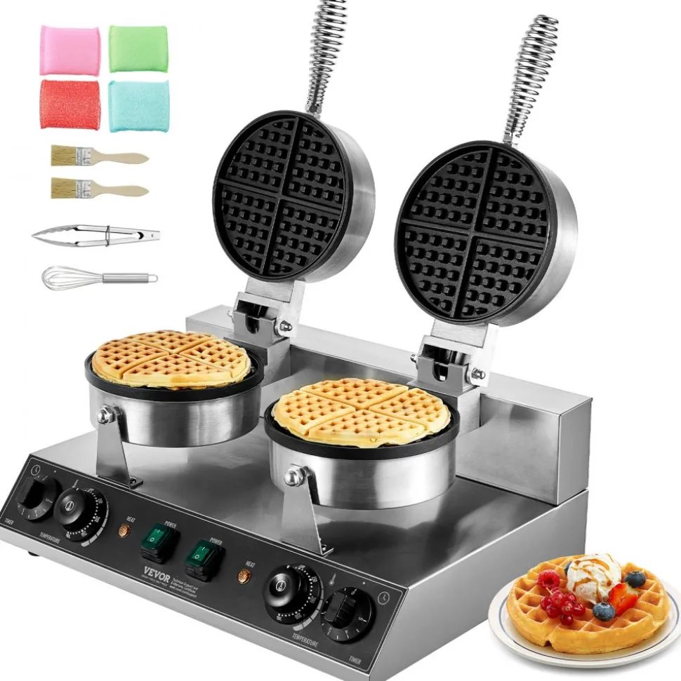 VEVOR Commercial Waffle Maker, Dual-Head Round Waffle Baker Machine, 2460W Non-Stick Stainless Steel Belgian Waffle Iron with Temp and Time Control, Handle, for Restaurant Bakery Snack Bar Family