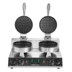 VEVOR Commercial Waffle Maker, Dual-Head Round Waffle Baker Machine, 2460W Non-Stick Stainless Steel Belgian Waffle Iron with Temp and Time Control, Handle, for Restaurant Bakery Snack Bar Family
