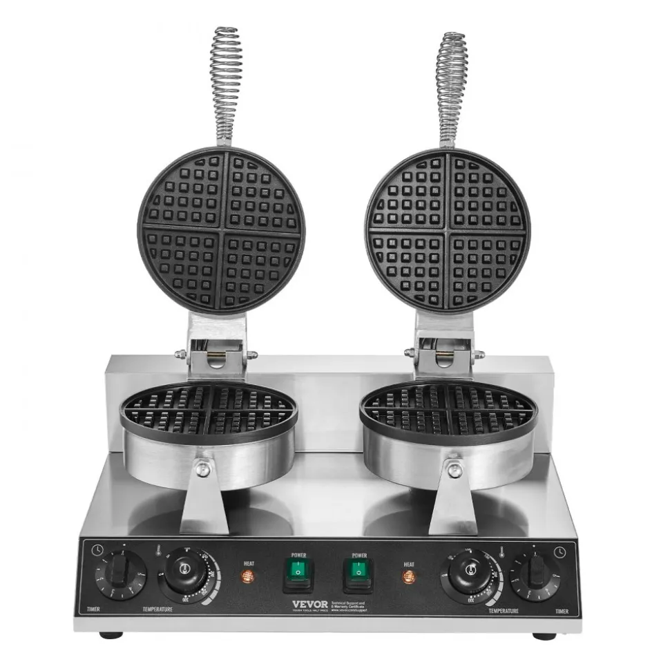 VEVOR Commercial Waffle Maker, Dual-Head Round Waffle Baker Machine, 2460W Non-Stick Stainless Steel Belgian Waffle Iron with Temp and Time Control, Handle, for Restaurant Bakery Snack Bar Family