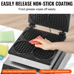 VEVOR Commercial Waffle Maker, 4PCS Round Waffle Baker Machine,1750W Non-Stick Stainless Steel Belgian Waffle Iron with Temperature and Time Control, for Restaurant Bakery Snack Bar Family