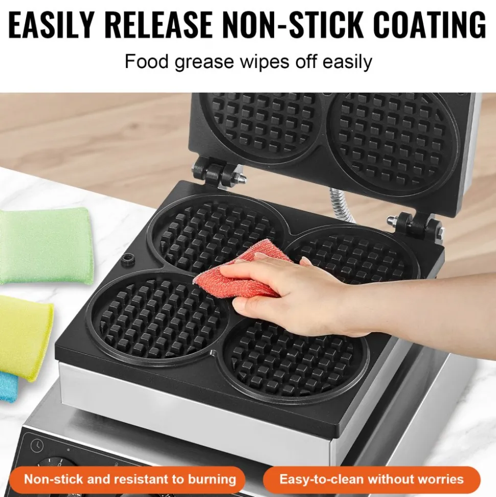 VEVOR Commercial Waffle Maker, 4PCS Round Waffle Baker Machine,1750W Non-Stick Stainless Steel Belgian Waffle Iron with Temperature and Time Control, for Restaurant Bakery Snack Bar Family