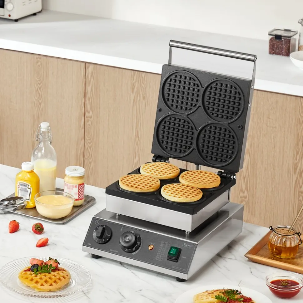 VEVOR Commercial Waffle Maker, 4PCS Round Waffle Baker Machine,1750W Non-Stick Stainless Steel Belgian Waffle Iron with Temperature and Time Control, for Restaurant Bakery Snack Bar Family