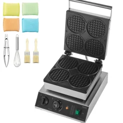 VEVOR Commercial Waffle Maker, 4PCS Round Waffle Baker Machine,1750W Non-Stick Stainless Steel Belgian Waffle Iron with Temperature and Time Control, for Restaurant Bakery Snack Bar Family