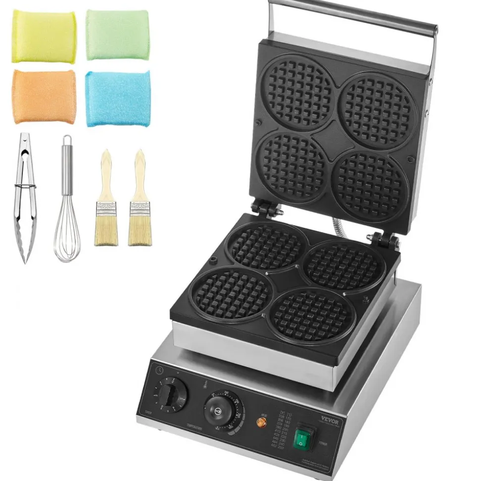 VEVOR Commercial Waffle Maker, 4PCS Round Waffle Baker Machine,1750W Non-Stick Stainless Steel Belgian Waffle Iron with Temperature and Time Control, for Restaurant Bakery Snack Bar Family