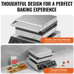 VEVOR Commercial Waffle Maker, 4PCS Round Waffle Baker Machine,1750W Non-Stick Stainless Steel Belgian Waffle Iron with Temperature and Time Control, for Restaurant Bakery Snack Bar Family