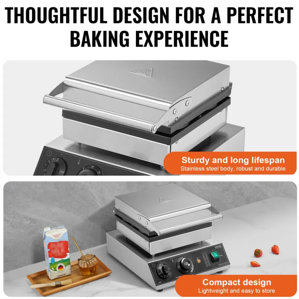 VEVOR Commercial Waffle Maker, 4PCS Round Waffle Baker Machine,1750W Non-Stick Stainless Steel Belgian Waffle Iron with Temperature and Time Control, for Restaurant Bakery Snack Bar Family