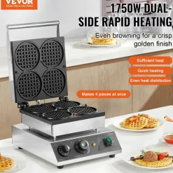 VEVOR Commercial Waffle Maker, 4PCS Round Waffle Baker Machine,1750W Non-Stick Stainless Steel Belgian Waffle Iron with Temperature and Time Control, for Restaurant Bakery Snack Bar Family