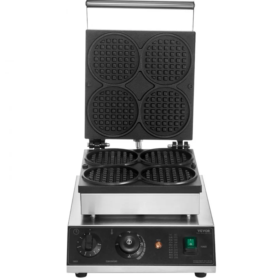 VEVOR Commercial Waffle Maker, 4PCS Round Waffle Baker Machine,1750W Non-Stick Stainless Steel Belgian Waffle Iron with Temperature and Time Control, for Restaurant Bakery Snack Bar Family