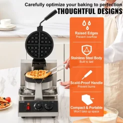 VEVOR Commercial Waffle Maker, 1 Piece per Batch, 1300W Round Waffle Iron, Non-Stick Waffle Baker Machine with 122-572℉ / 50-300℃ Temp Range Teflon-Coated Baking Pans Stainless Steel Body, 120V