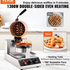VEVOR Commercial Waffle Maker, 1 Piece per Batch, 1300W Round Waffle Iron, Non-Stick Waffle Baker Machine with 122-572℉ / 50-300℃ Temp Range Teflon-Coated Baking Pans Stainless Steel Body, 120V