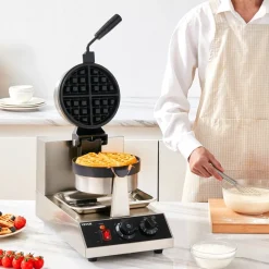 VEVOR Commercial Waffle Maker, 1 Piece per Batch, 1300W Round Waffle Iron, Non-Stick Waffle Baker Machine with 122-572℉ / 50-300℃ Temp Range Teflon-Coated Baking Pans Stainless Steel Body, 120V