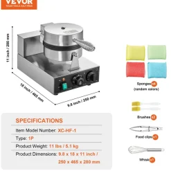 VEVOR Commercial Waffle Maker, 1230W Round Waffle Baker Machine, Non-Stick Stainless Steel Belgian Waffle Iron with Temperature and Time Control, Handle, for Restaurant Bakery Snack Bar Family