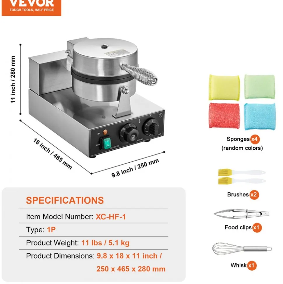 VEVOR Commercial Waffle Maker, 1230W Round Waffle Baker Machine, Non-Stick Stainless Steel Belgian Waffle Iron with Temperature and Time Control, Handle, for Restaurant Bakery Snack Bar Family