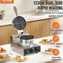 VEVOR Commercial Waffle Maker, 1230W Round Waffle Baker Machine, Non-Stick Stainless Steel Belgian Waffle Iron with Temperature and Time Control, Handle, for Restaurant Bakery Snack Bar Family