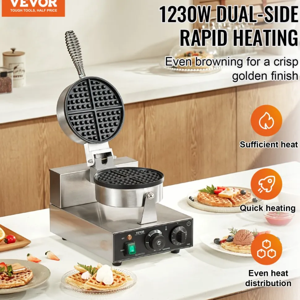 VEVOR Commercial Waffle Maker, 1230W Round Waffle Baker Machine, Non-Stick Stainless Steel Belgian Waffle Iron with Temperature and Time Control, Handle, for Restaurant Bakery Snack Bar Family