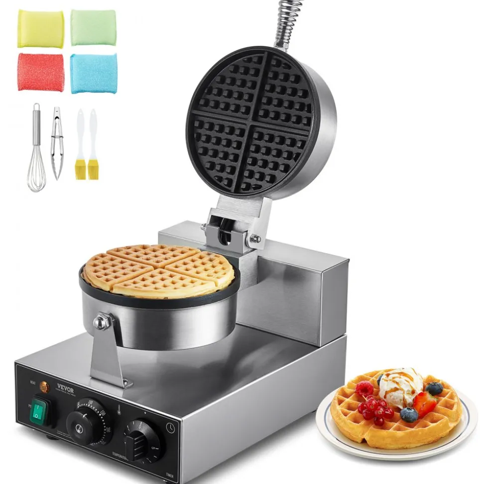 VEVOR Commercial Waffle Maker, 1230W Round Waffle Baker Machine, Non-Stick Stainless Steel Belgian Waffle Iron with Temperature and Time Control, Handle, for Restaurant Bakery Snack Bar Family
