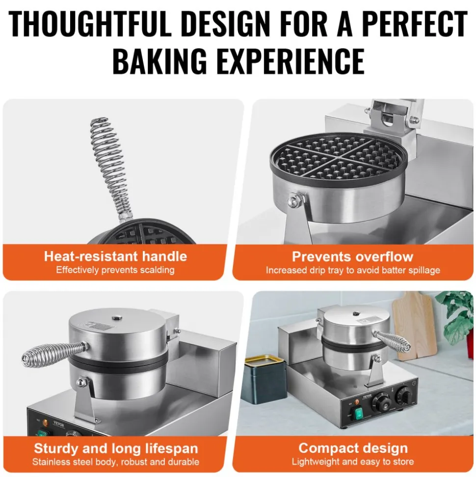 VEVOR Commercial Waffle Maker, 1230W Round Waffle Baker Machine, Non-Stick Stainless Steel Belgian Waffle Iron with Temperature and Time Control, Handle, for Restaurant Bakery Snack Bar Family