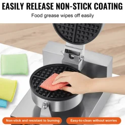 VEVOR Commercial Waffle Maker, 1230W Round Waffle Baker Machine, Non-Stick Stainless Steel Belgian Waffle Iron with Temperature and Time Control, Handle, for Restaurant Bakery Snack Bar Family