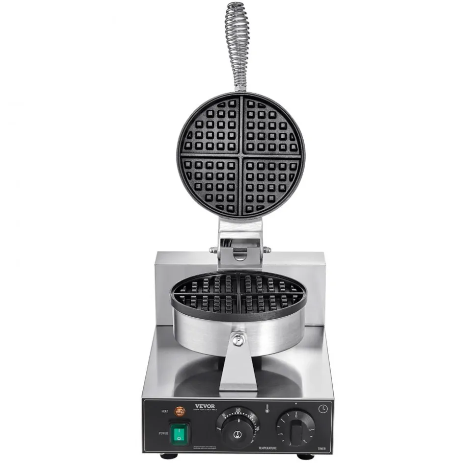 VEVOR Commercial Waffle Maker, 1230W Round Waffle Baker Machine, Non-Stick Stainless Steel Belgian Waffle Iron with Temperature and Time Control, Handle, for Restaurant Bakery Snack Bar Family