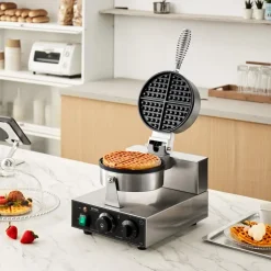 VEVOR Commercial Waffle Maker, 1230W Round Waffle Baker Machine, Non-Stick Stainless Steel Belgian Waffle Iron with Temperature and Time Control, Handle, for Restaurant Bakery Snack Bar Family