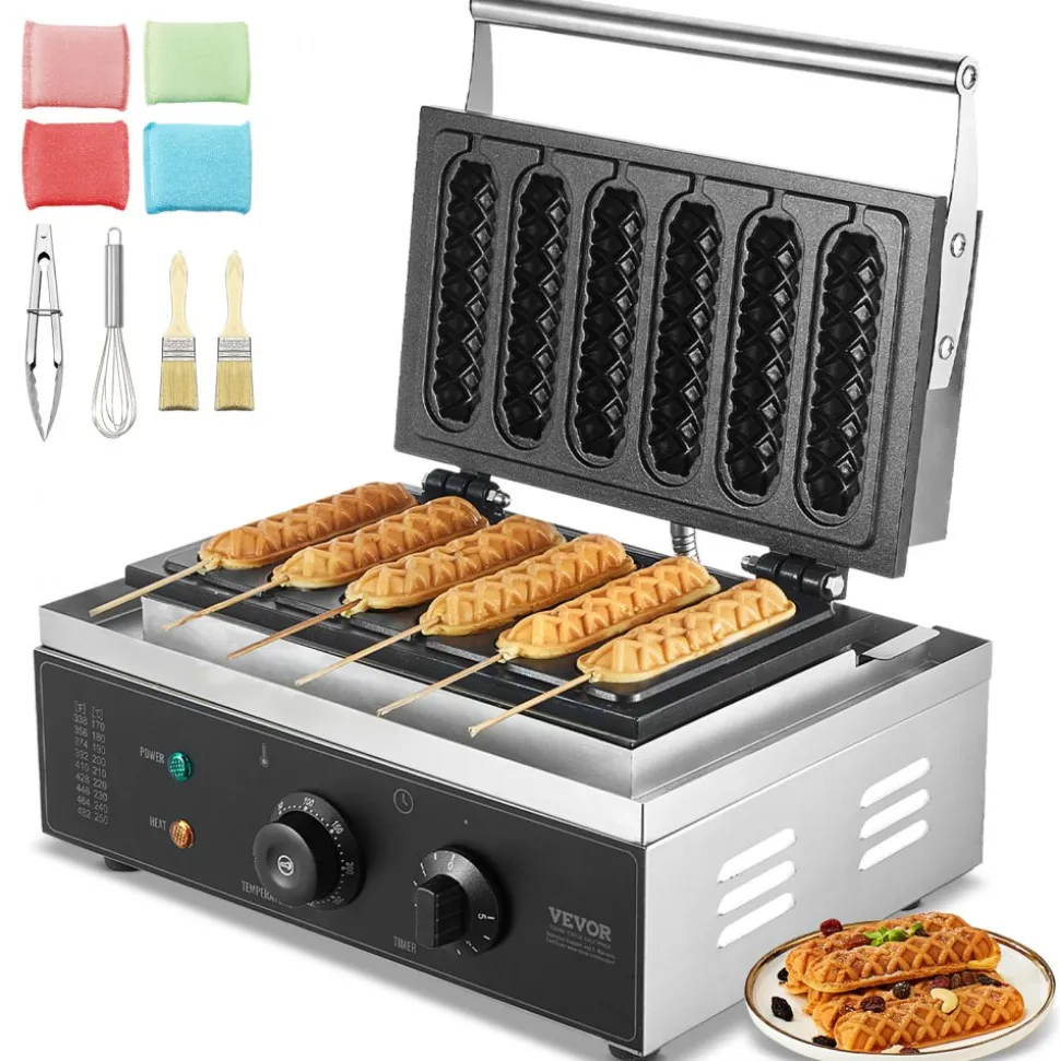 VEVOR Commercial Waffle Stick Maker, 6PCS 1500W Waffle Baker Machine, Non-Stick Stainless Steel Corn Hot Dog Waffle Iron with Temp and Time Control, Handle, for Restaurant Bakery Snack Bar Family