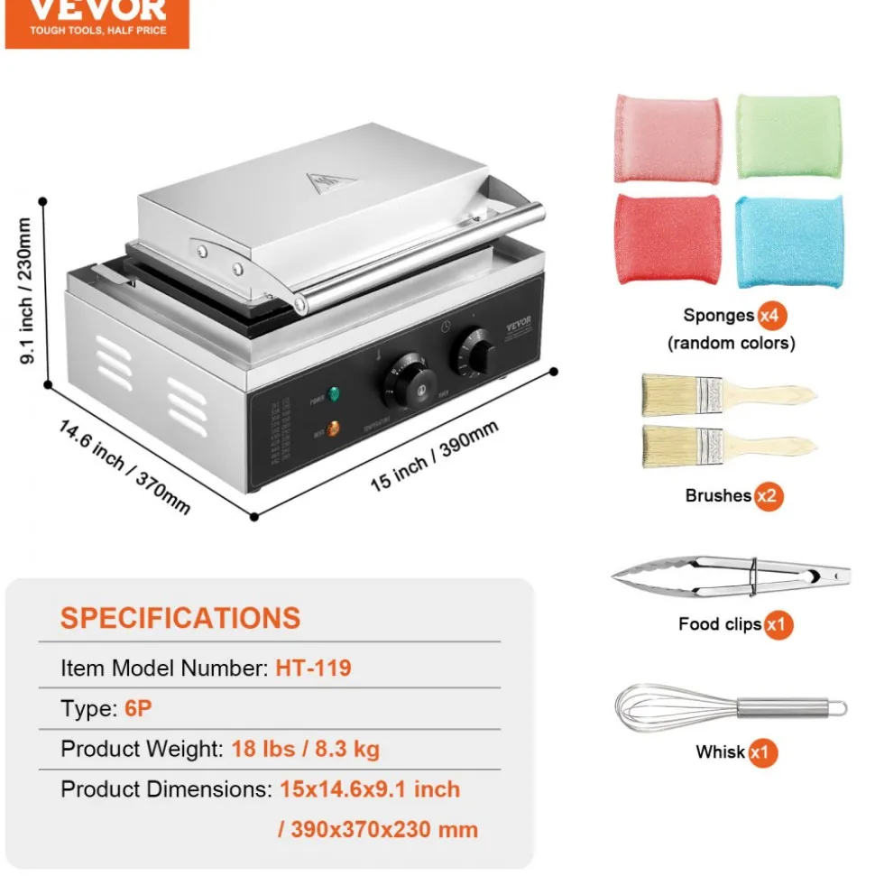 VEVOR Commercial Waffle Stick Maker, 6PCS 1500W Waffle Baker Machine, Non-Stick Stainless Steel Corn Hot Dog Waffle Iron with Temp and Time Control, Handle, for Restaurant Bakery Snack Bar Family