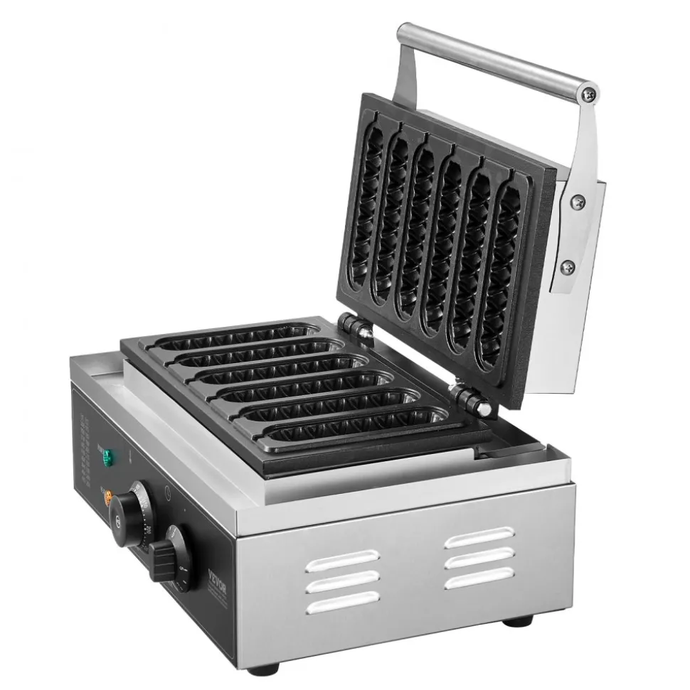 VEVOR Commercial Waffle Stick Maker, 6PCS 1500W Waffle Baker Machine, Non-Stick Stainless Steel Corn Hot Dog Waffle Iron with Temp and Time Control, Handle, for Restaurant Bakery Snack Bar Family
