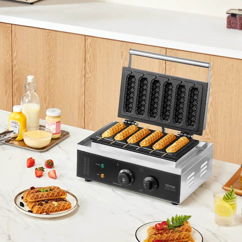 VEVOR Commercial Waffle Stick Maker, 6PCS 1500W Waffle Baker Machine, Non-Stick Stainless Steel Corn Hot Dog Waffle Iron with Temp and Time Control, Handle, for Restaurant Bakery Snack Bar Family