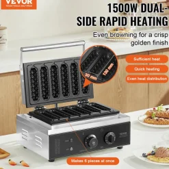VEVOR Commercial Waffle Stick Maker, 6PCS 1500W Waffle Baker Machine, Non-Stick Stainless Steel Corn Hot Dog Waffle Iron with Temp and Time Control, Handle, for Restaurant Bakery Snack Bar Family