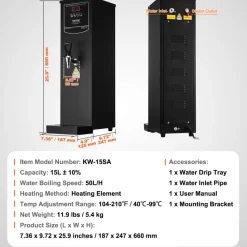 VEVOR Commercial Water Boiler, Electric Hot Water Dispenser with 316 Stainless Steel Heating Tube, 1500W Step-by-step Fast Heating 50L per Hour Hot Water Boiler, for Coffee Tea Restaurant Office