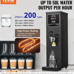 VEVOR Commercial Water Boiler, Electric Hot Water Dispenser with 316 Stainless Steel Heating Tube, 1500W Step-by-step Fast Heating 50L per Hour Hot Water Boiler, for Coffee Tea Restaurant Office