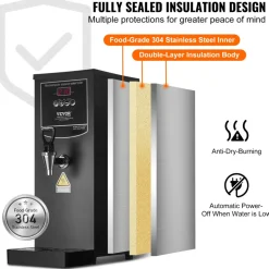 VEVOR Commercial Water Boiler, Electric Hot Water Dispenser with 316 Stainless Steel Heating Tube, 1500W Step-by-step Fast Heating 50L per Hour Hot Water Boiler, for Coffee Tea Restaurant Office