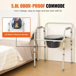 VEVOR Commode Chair, Bedside Commode with Wider Toilet Seat, 7-Level Adjustable Height, 5.8L Removable Bucket, Easy to Assemble, 350 LBS Capacity, Raised Toilet Seat for Adults Seniors