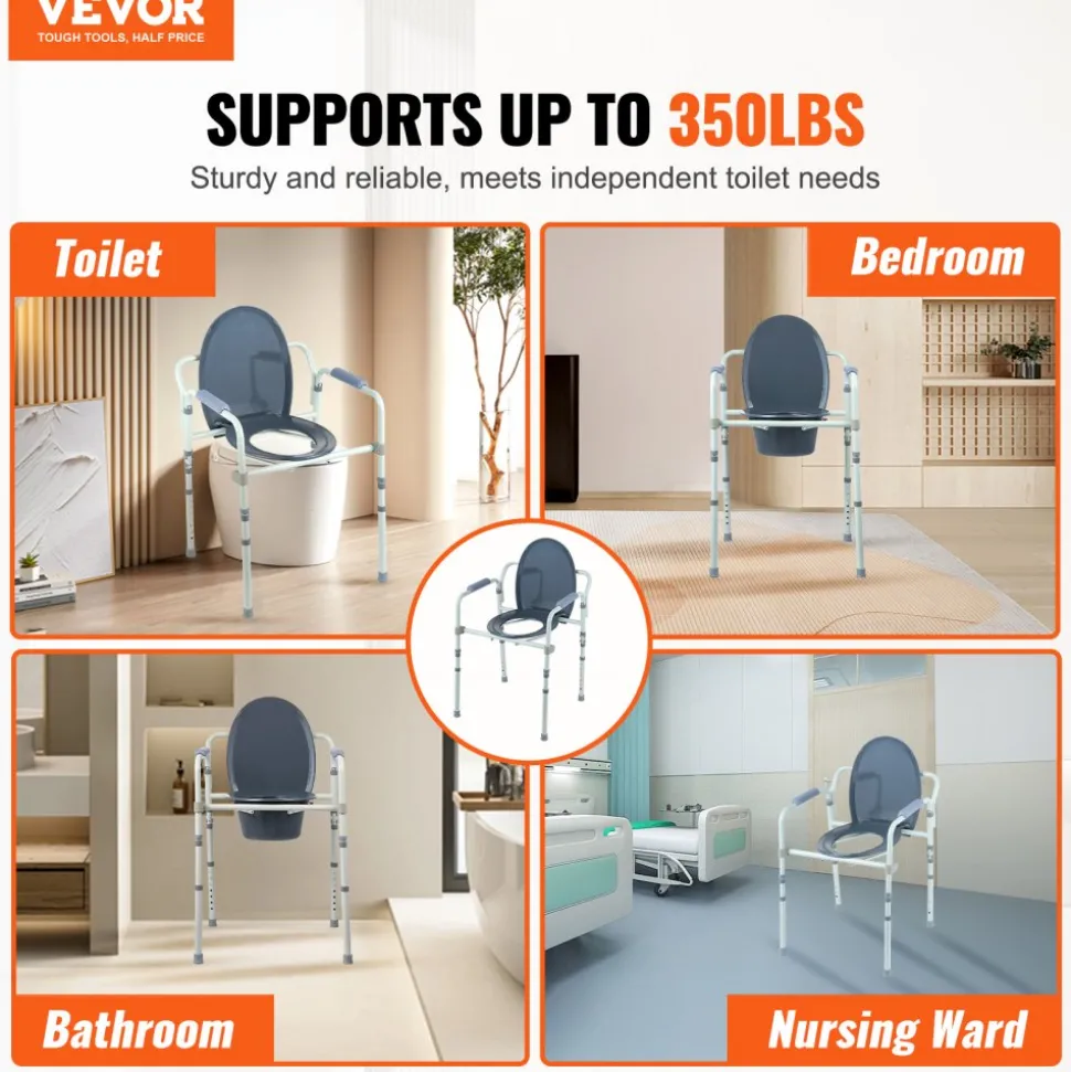 VEVOR Commode Chair, Bedside Commode with Wider Toilet Seat, 7-Level Adjustable Height, 5.8L Removable Bucket, Easy to Assemble, 350 LBS Capacity, Raised Toilet Seat for Adults Seniors