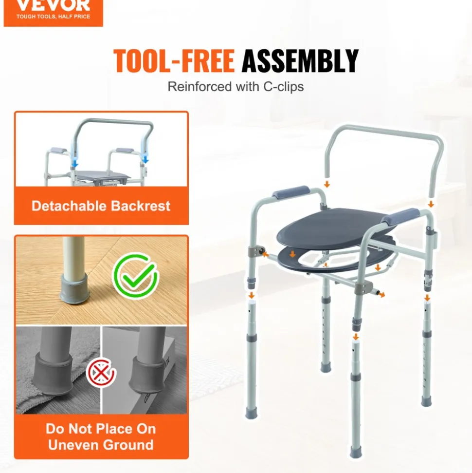 VEVOR Commode Chair, Bedside Commode with Wider Toilet Seat, 7-Level Adjustable Height, 5.8L Removable Bucket, Easy to Assemble, 350 LBS Capacity, Raised Toilet Seat for Adults Seniors